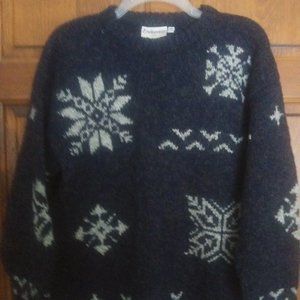Vintage Endeavour Mens Heavy Wool Sweater Navy Blue Gray Snowflakes Size…